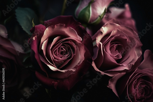 Pink roses dark moody romantic background. Close-up flowers card backdrop. Ai generated