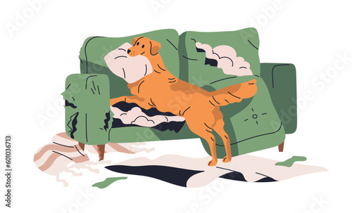 Bad canine behavior. Dog destroying furniture, damaging, ripping sofa. Doggy tearing up couch, chewing stuffing. Animal psychology trouble. Flat vector illustration isolated on white background