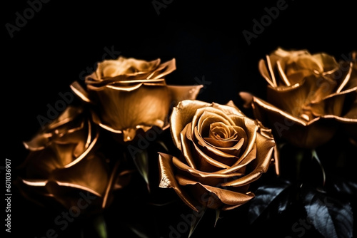 Golden roses close-up dark romantic background. Ai generated