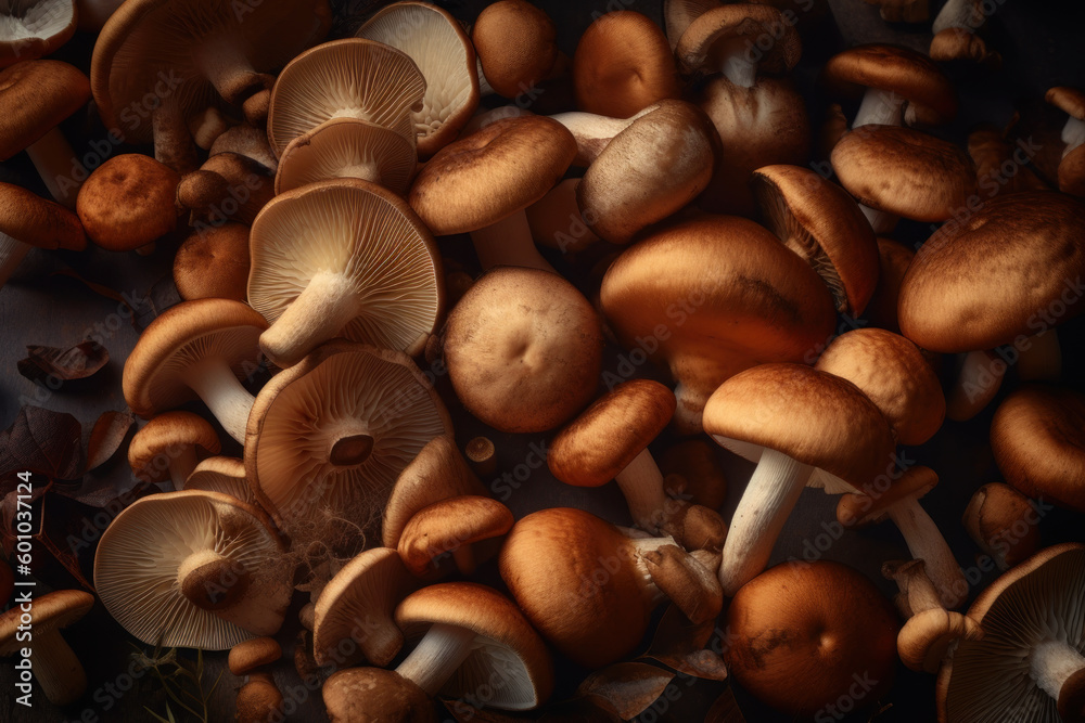 Freshly picked mushrooms: mushrooms, boletus, white mushroom and chanterelles. Photorealistic illustration generative AI.
