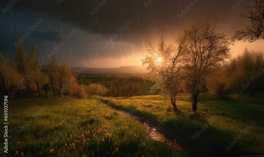 A spring rain during sunset, generative AI