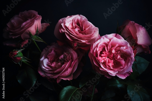 Pastel pink roses close-up dark romantic background. Ai generated