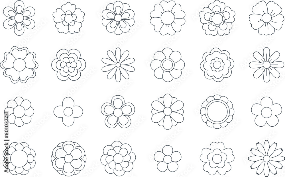 Black linear summer or spring season flowers, daisy flower, sunflower or peony. Simple outline botanical element with petals for greeting card decor, minimal elegant boho style floral icons vector set Black linear summer or spring season flowers, daisy flower, sunflower or peony. Simple outline botanical element with petals for greeting card decor, minimal elegant boho style floral icons vector set