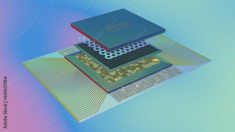 Signal Processor Exploded Quantum processor concept with quantum qubits circuit board made of ...