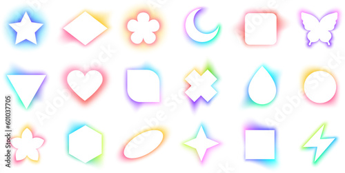 White geometric frames with blurry rainbow gradient glow effect. Trendy modern illuminated moon and star forms, glowing heart and butterfly aura aesthetic, basic shapes with blur gradients vector set