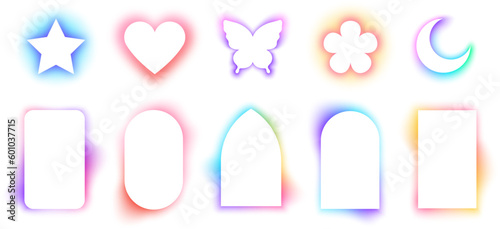 Glowing heart and butterfly shapes, white arc frames with soft blurry gradients. Modern illuminated moon and star forms, trendy neon glow effect frame with colorful rainbow blur gradient vector set
