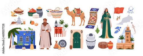 Traditional Morocco culture set. Moroccan heritage, Arabic food, pottery, architecture, clothes, accessories. Camel, oriental carpet, condiments. Flat vector illustrations isolated on white background