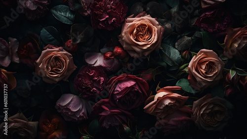 Red and pink roses close-up dark romantic background. Ai generated