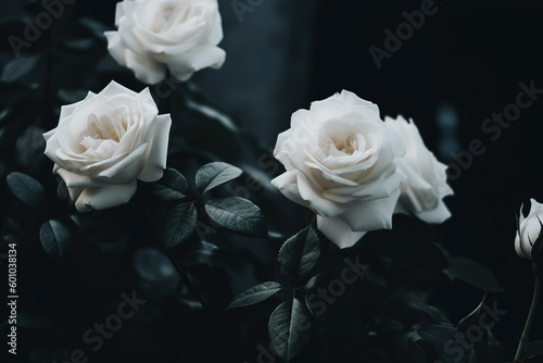White roses dark moody romantic background. Close-up floral banner. Ai generated