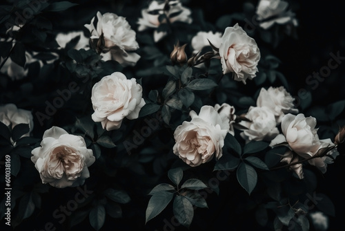 White roses close-up dark romantic background. Ai generated