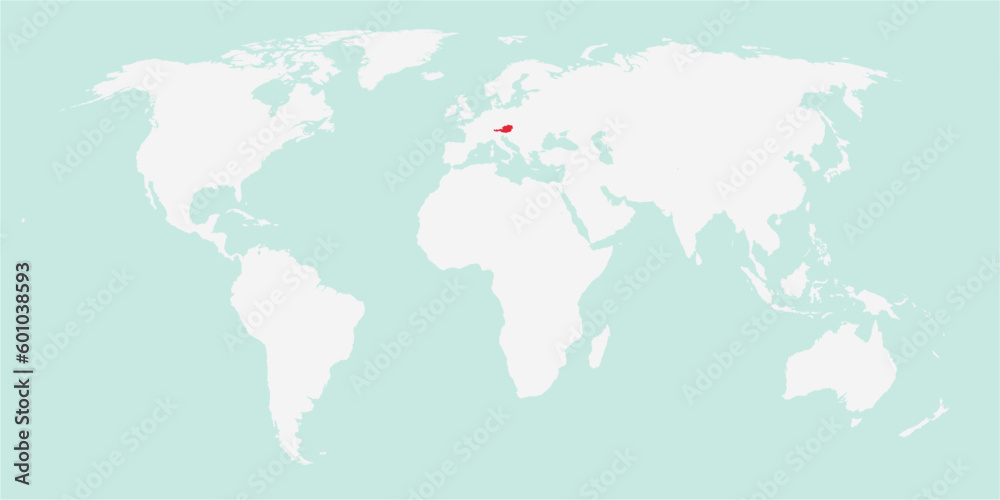 Vector map of the world with the country of Austria highlighted highlighted in red on white background.