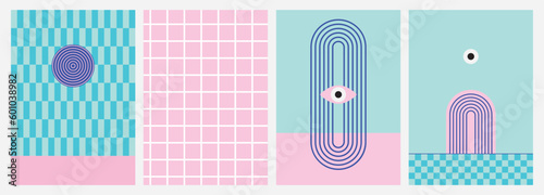  Modern geometry prints for cover. Ice-cream tone. Checker board print. Elements for cafe, office, pool. Abstract pattern. Flat design. Y2k style. Gentle , zine aesthetic. Gelato colors. Minimal