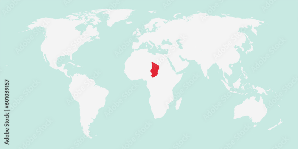 Vector map of the world with the country of Chad highlighted highlighted in red on white background.
