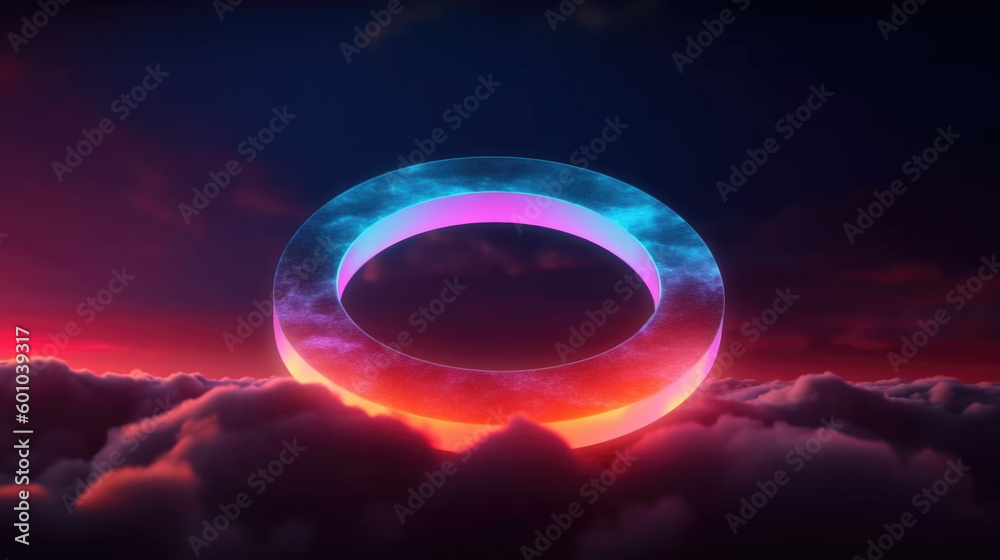 Ring shape glows with neon light inside the soft colorful cloud, fantasy sky with blank linear round frame