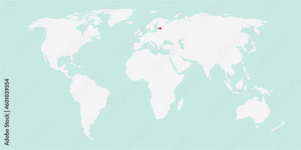 Vector map of the world with the country of Estonia highlighted highlighted in red on white background.