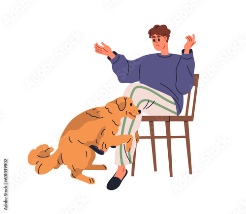 Dog humping, mounting, riding leg of owner. Bad awkward canine animal behavior. Doggy rubbing persons foot. Zoo psychology concept. Flat graphic vector illustration isolated on white background