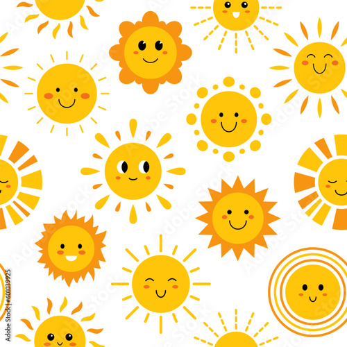 Vector seamless pattern with funny suns with faces. Pattern with cute summer sunshine on white background. Seamless print with happy smiling baby suns.