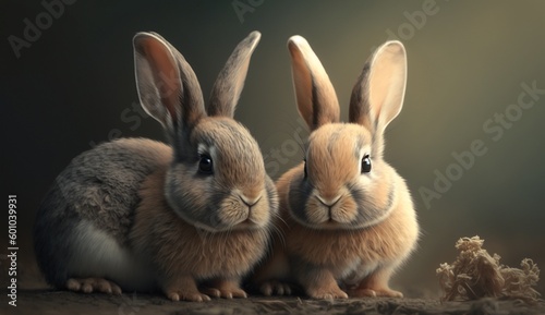 Two lovely rabbits sitting beside one another. Generative AI.