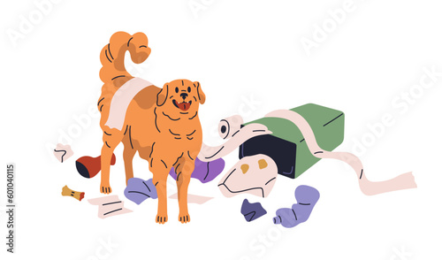 Dog in mess and chaos among garbage, trash. Naughty mischievous doggy. Bad unwanted inappropriate canine animal behavior, quirk. Flat vector illustration isolated on white background