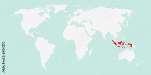 Vector map of the world with the country of Indonesia highlighted highlighted in red on white background.