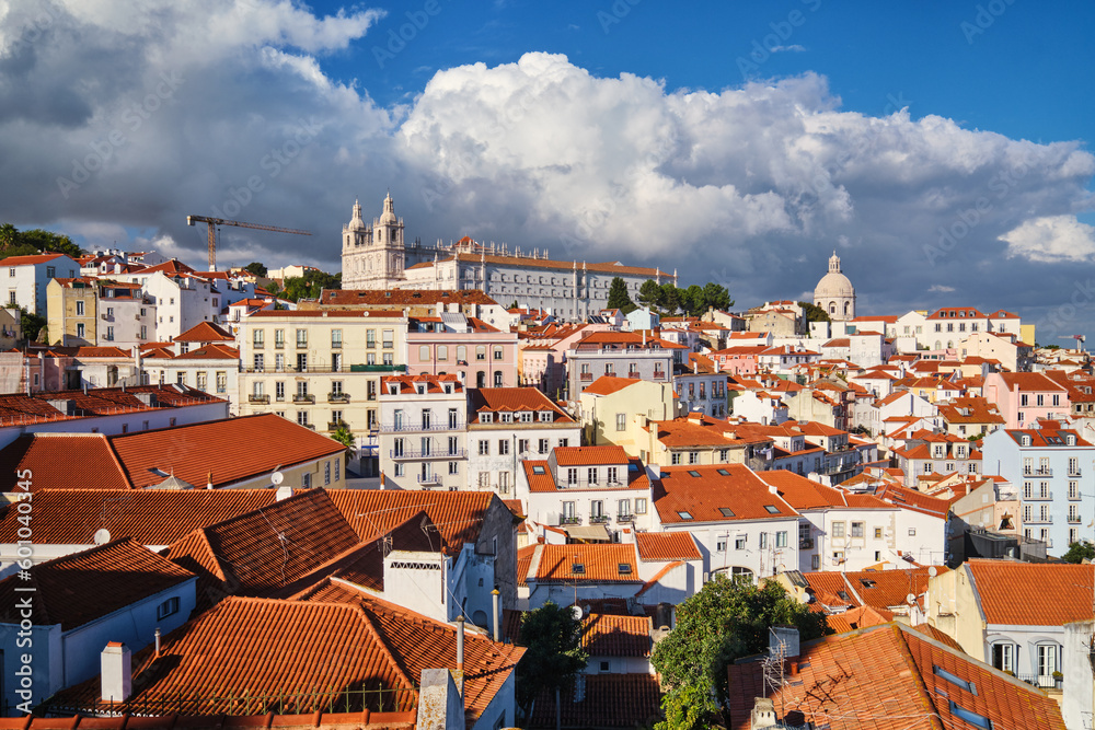 Obraz premium View of Lisbon famous postcard iconic view from Miradouro de Santa Luzia tourist viewpoint over Alfama old city district. Lisbon, Portugal.