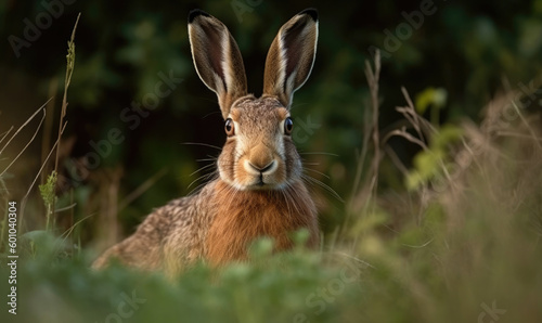 European hare stands in the grass and looking at the camera, generative AI