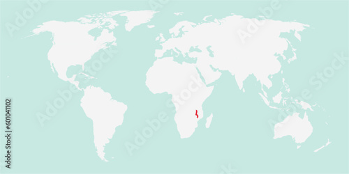 Vector map of the world with the country of Malawi highlighted highlighted in red on white background.