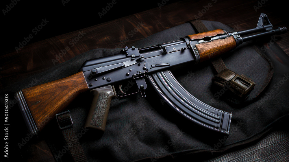 A black bag with a machine gun on it A black bag with a machine gun on it
