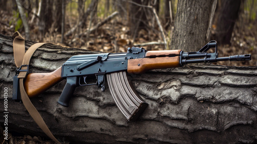 A gun on a log in the woods