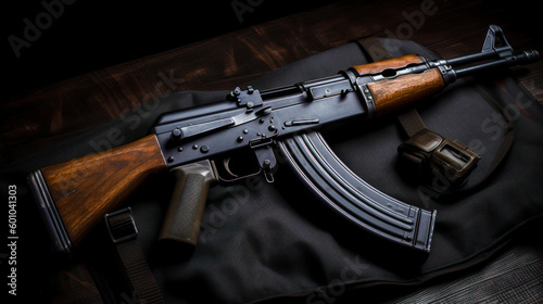 A black bag with a machine gun on it