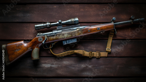 A rifle on a wooden surface with a strap on it