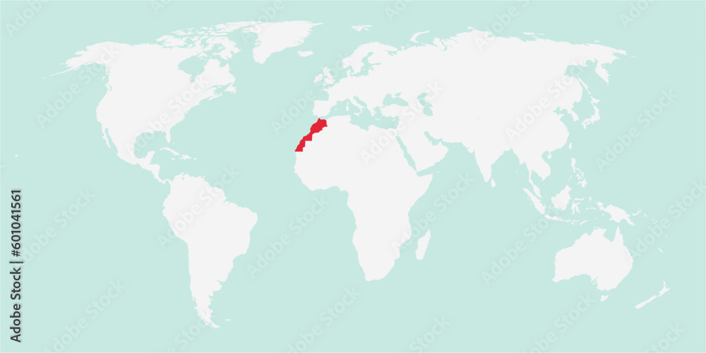 Vector map of the world with the country of Morocco highlighted highlighted in red on white background.