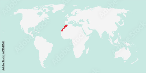 Vector map of the world with the country of Morocco highlighted highlighted in red on white background.