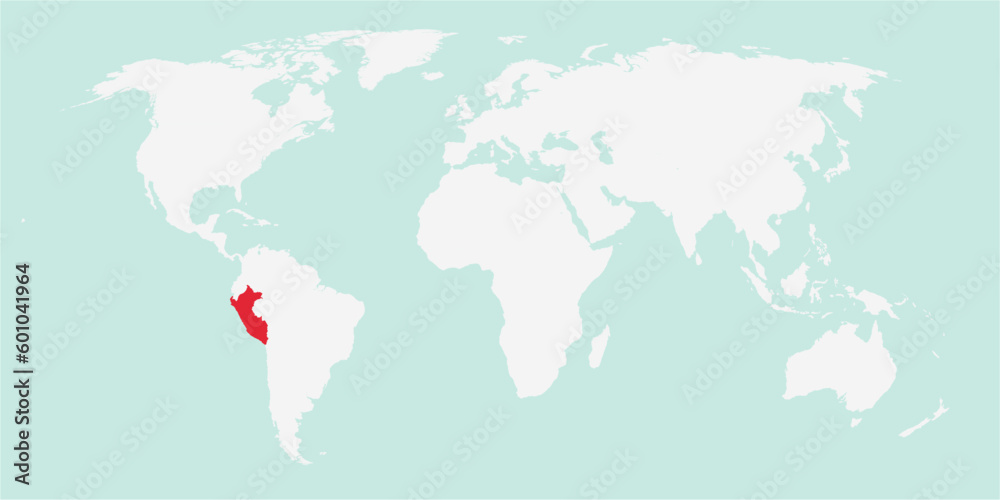 Vector map of the world with the country of Peru highlighted highlighted in red on white background.
