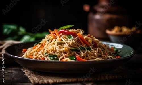 Fresh noodles and vegetables stir fry healthy food, generative AI