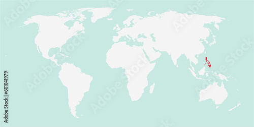 Vector map of the world with the country of Philippines highlighted highlighted in red on white background.