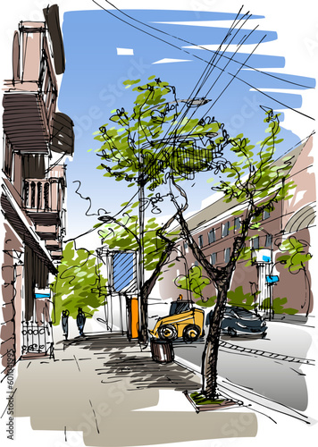 A quiet street with trees and a yellow grader - hand-drawn sketch