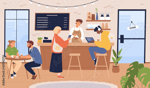 People in coffee shop vector illustration. Barista and customers inside cozy local cafe interior. Men and women drink coffee and tea in cafeteria or coffeehouse, bakery.
