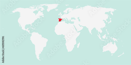 Vector map of the world with the country of Spain highlighted highlighted in red on white background.