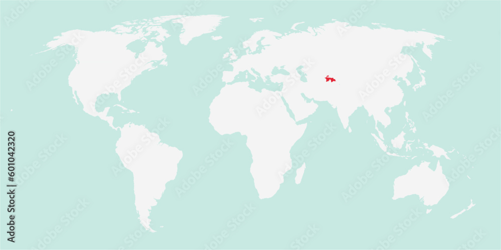 Obraz premium Vector map of the world with the country of Tajikistan highlighted highlighted in red on white background.