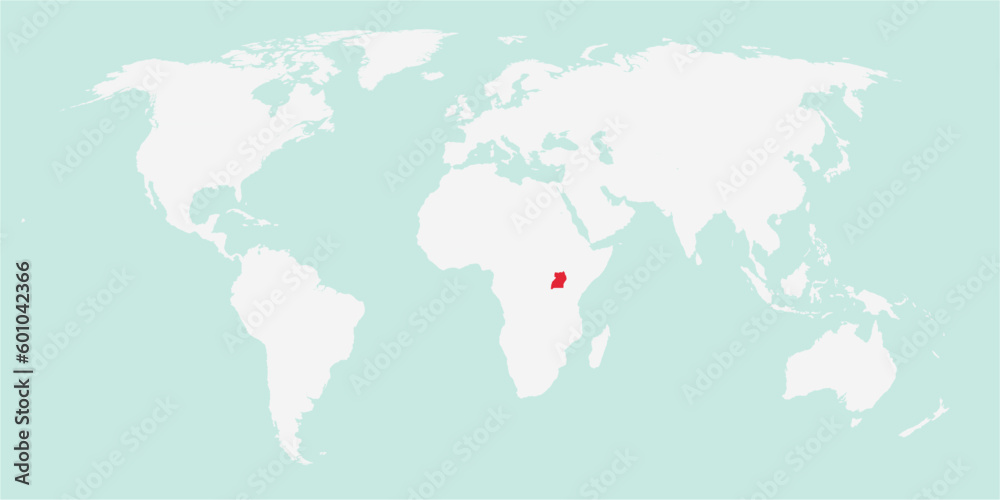 Vector map of the world with the country of Uganda highlighted highlighted in red on white background.