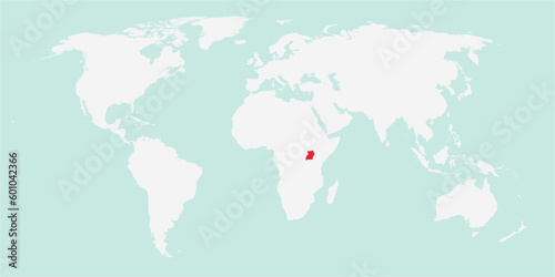 Vector map of the world with the country of Uganda highlighted highlighted in red on white background.