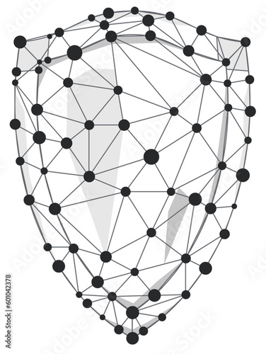 Shield wireframe polygon with line and dots isolated on white background. Black guard shield for cyber security and data safe protection concept. Low poly digital design vector illustration.