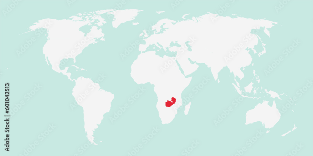 Vector map of the world with the country of Zambia highlighted highlighted in red on white background.