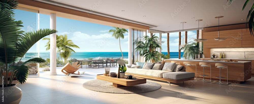 modern and luxurious open plan living room interior with kitchen and ...