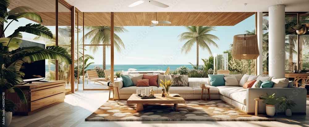 modern and luxurious open plan living room interior with kitchen and dining, sea views, beach vibes, tropical paradise, AI rendered
