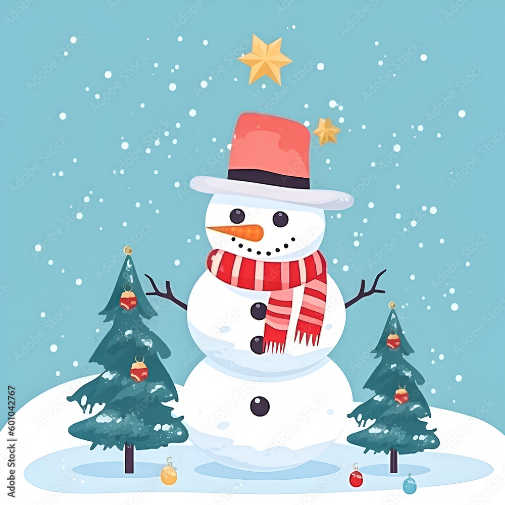 Snowman with christmas tree and gifts. Illustration from children's books.