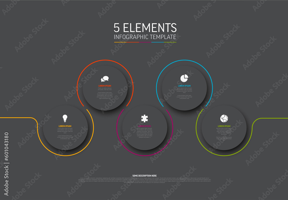 Dark infographic template with five circle items elements Stock ...