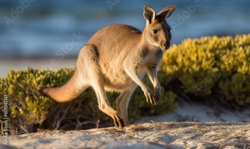 Hopping kangaroo on kangaroo island Australia, generative AI photo
