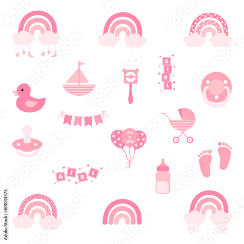 Baby shower design elements. It's a girl. Toys and newborn items.